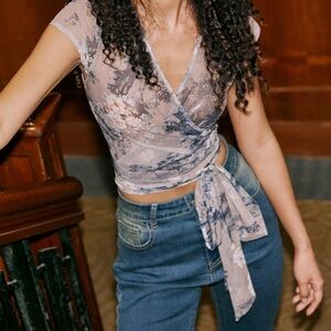 Cider Floral Mesh Wrap Crop Top